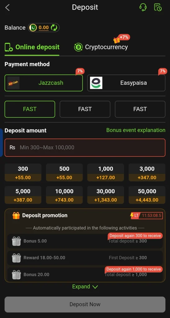 Y222 Login deposit page with JazzCash and Easypaisa