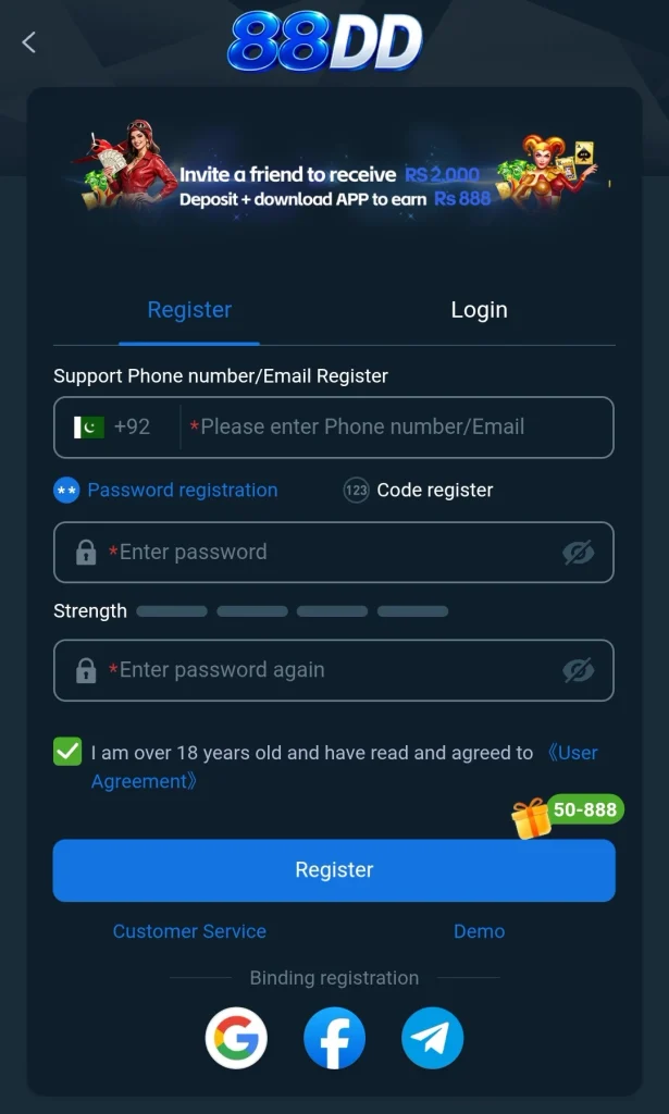 88DD Game APK registration screen showing phone number signup