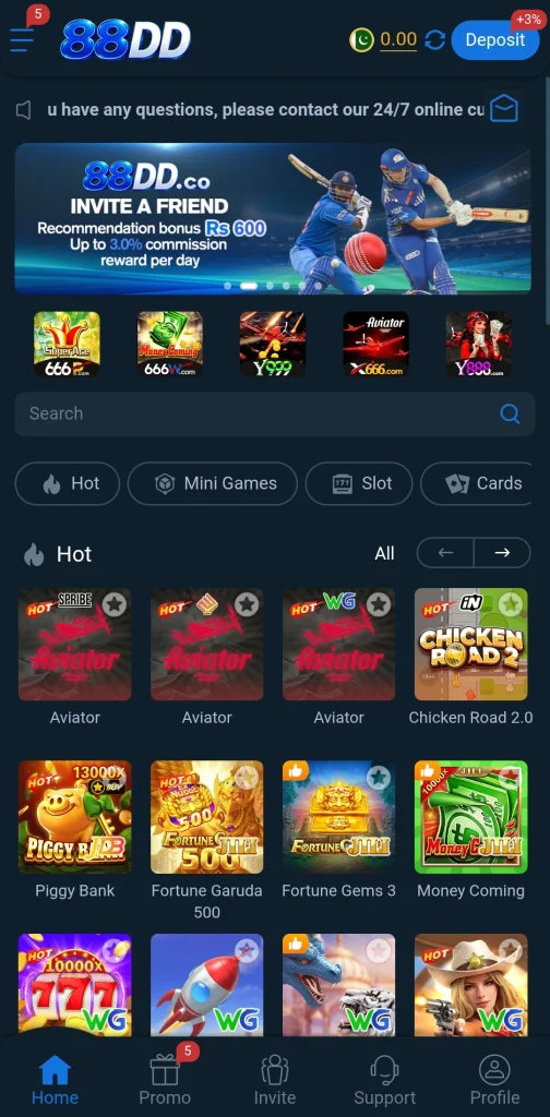 88DD APK game library showing Aviator and slot game categories