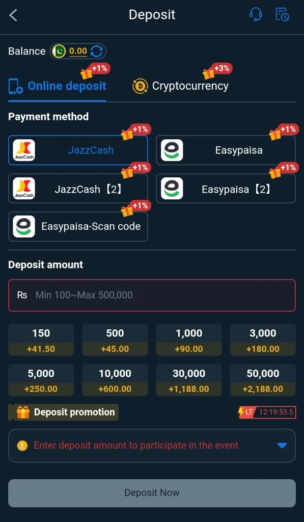 88DD Game JazzCash and Easypaisa deposit page with bonus tiers