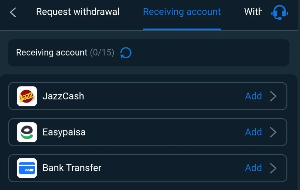 88DD Game withdrawal setup screen with empty receiving accounts