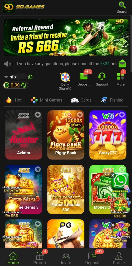 9D GAME library showing Aviator, slots, and JILI titles