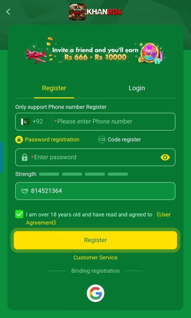 KHAN804 Registration form with phone number and referral code fields