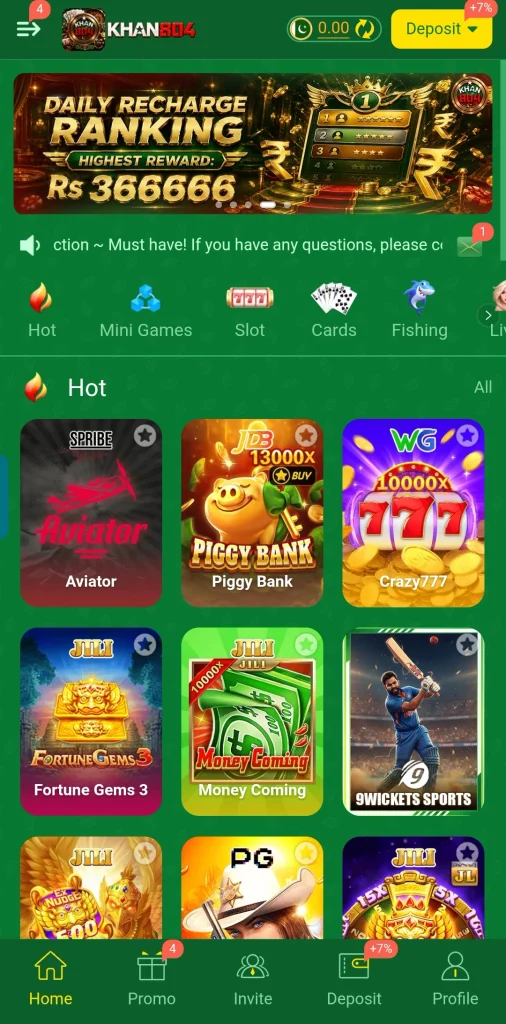 KHAN804 Game library showing Aviator, Piggy Bank, and JILI slots