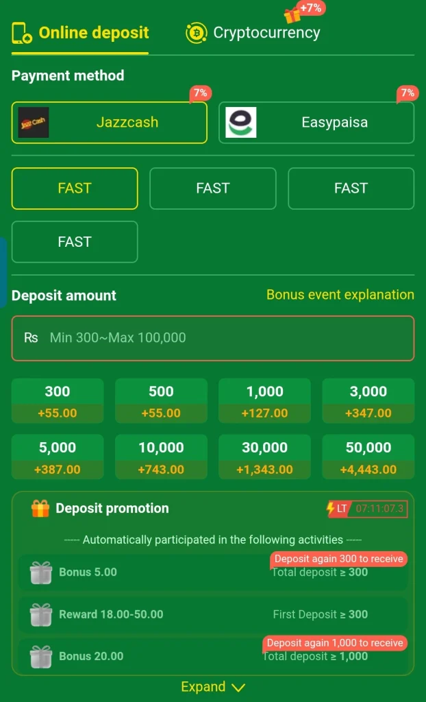 KHAN804 APK Game deposit page with JazzCash and Easypaisa tiers