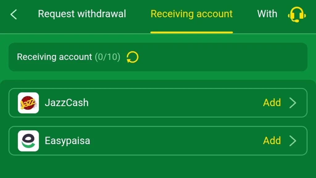 KHAN804 Game App withdrawal screen with zero receiving accounts added