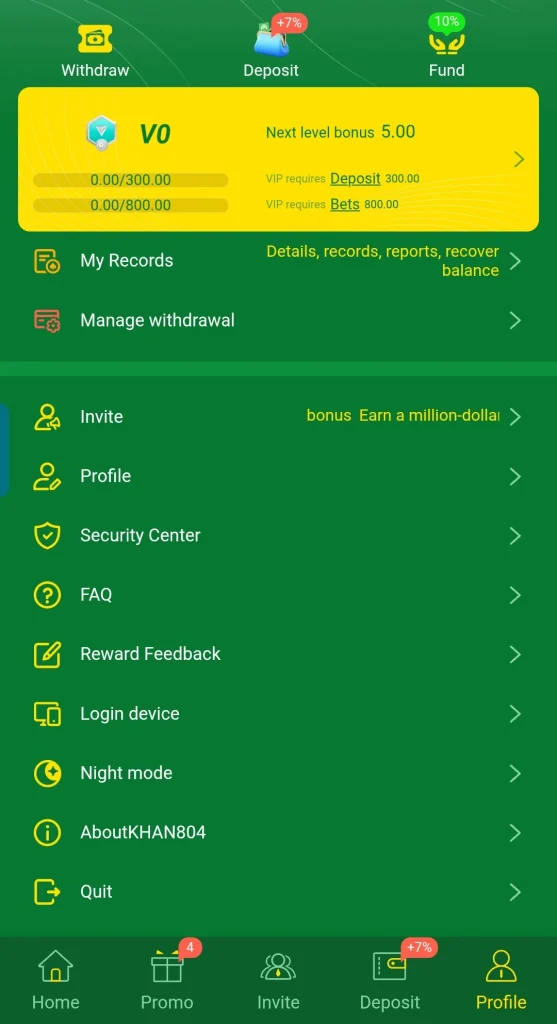 KHAN804 Game download profile showing VIP tier progress bars