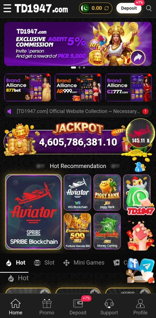 TD 1947 Game home screen showing a live jackpot counter