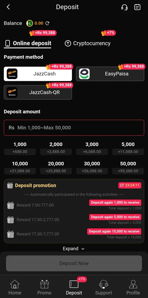TD 1947 Login wallet showing deposit tiers above 100 percent