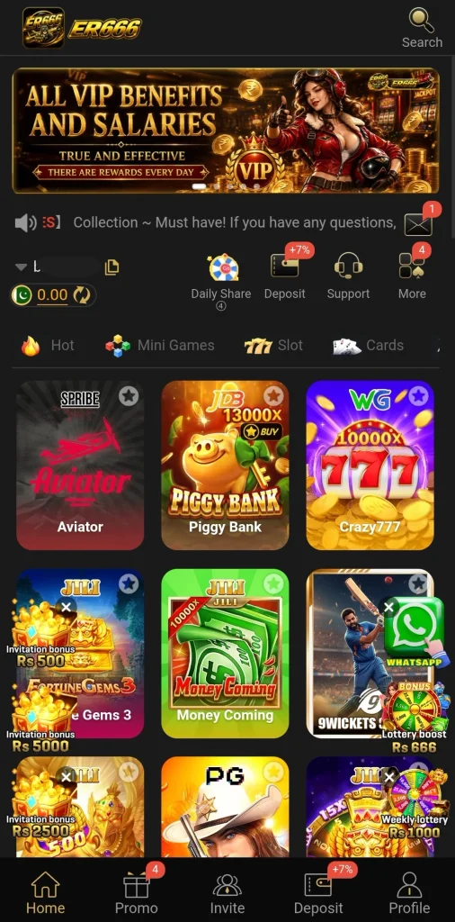 ER 666 APK Login dashboard showing a VIP salary banner