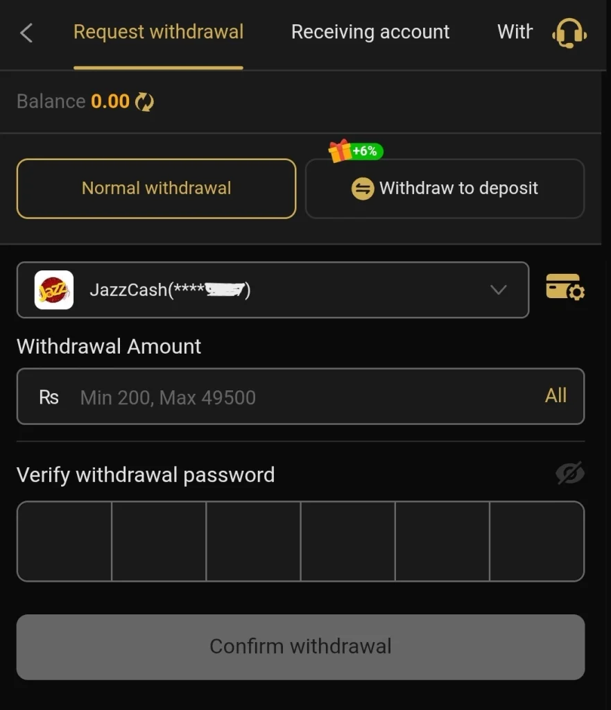 ER 666 APK Withdrawal screen with a six digit password field