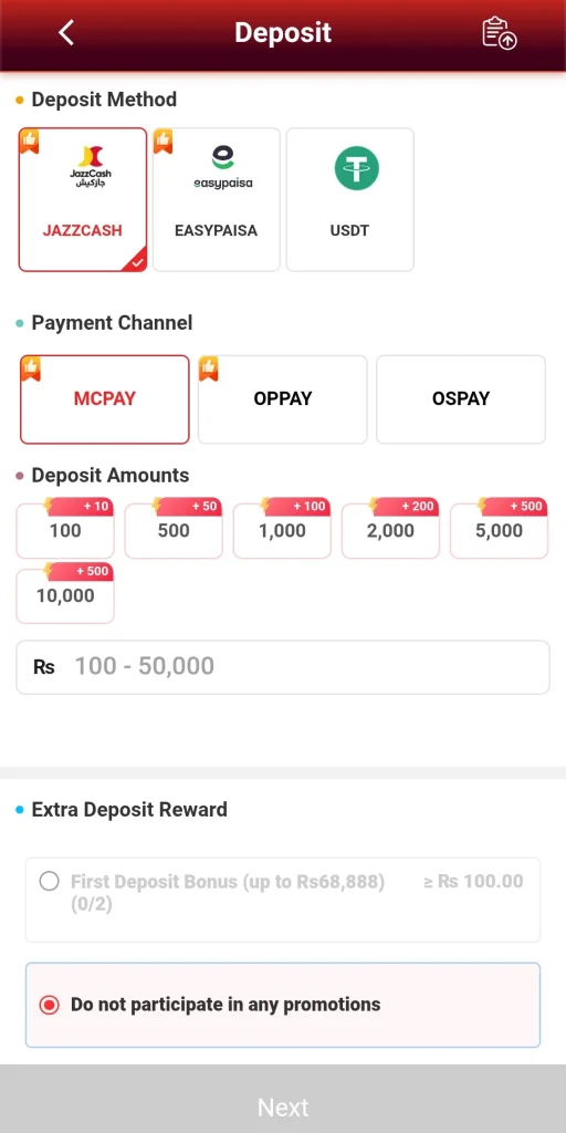 ZOR 77 App Deposit methods