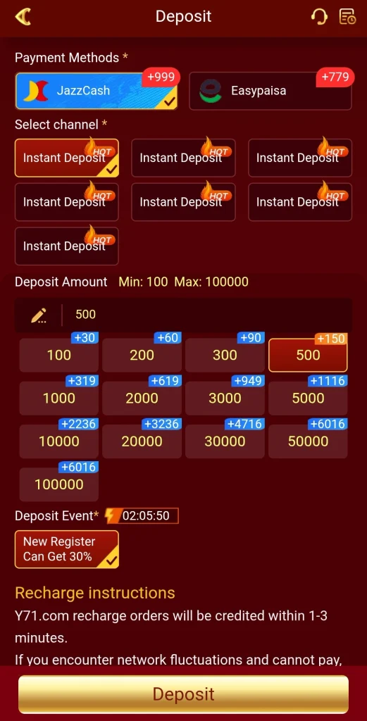 Y 71 APK deposit screen with JazzCash and Easypaisa options