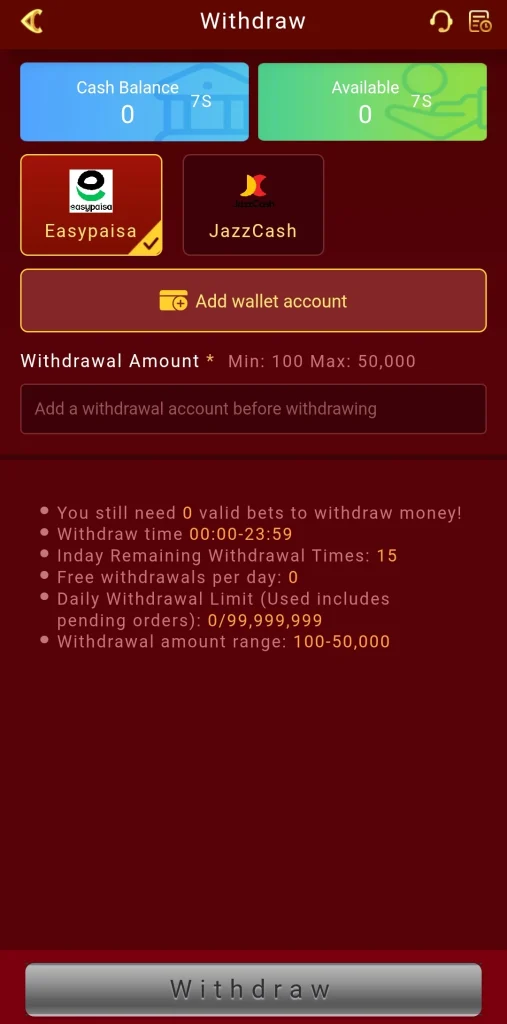E 7777 withdrawal screen showing Easypaisa and JazzCash options with a valid bets requirement notice
