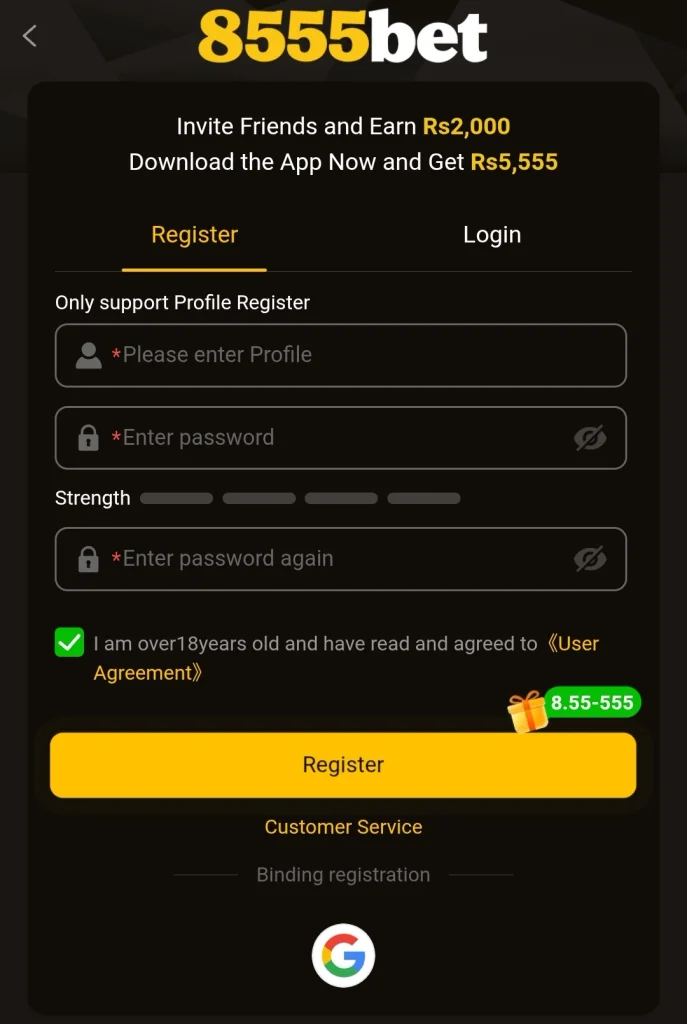 8555 BET registration screen asking for a profile name and password only