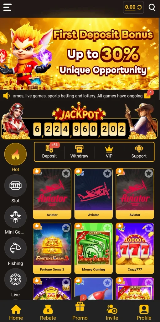 8555 BET Game lobby showing hot games, jackpot ticker, and deposit options