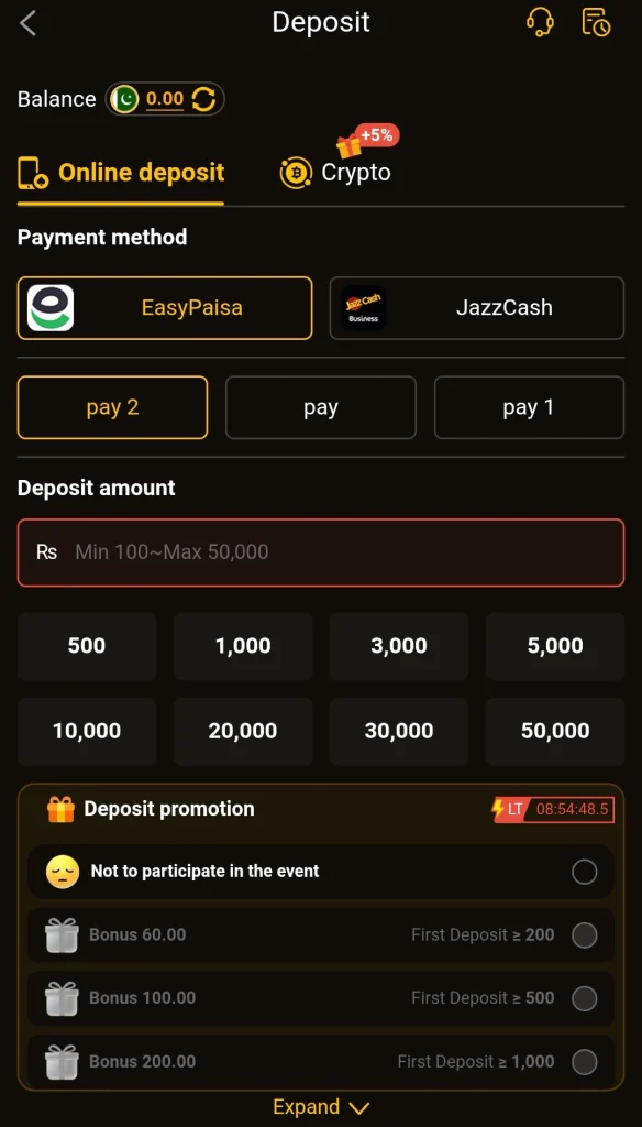 8555 BET deposit screen showing EasyPaisa and JazzCash payment options with bonus tiers