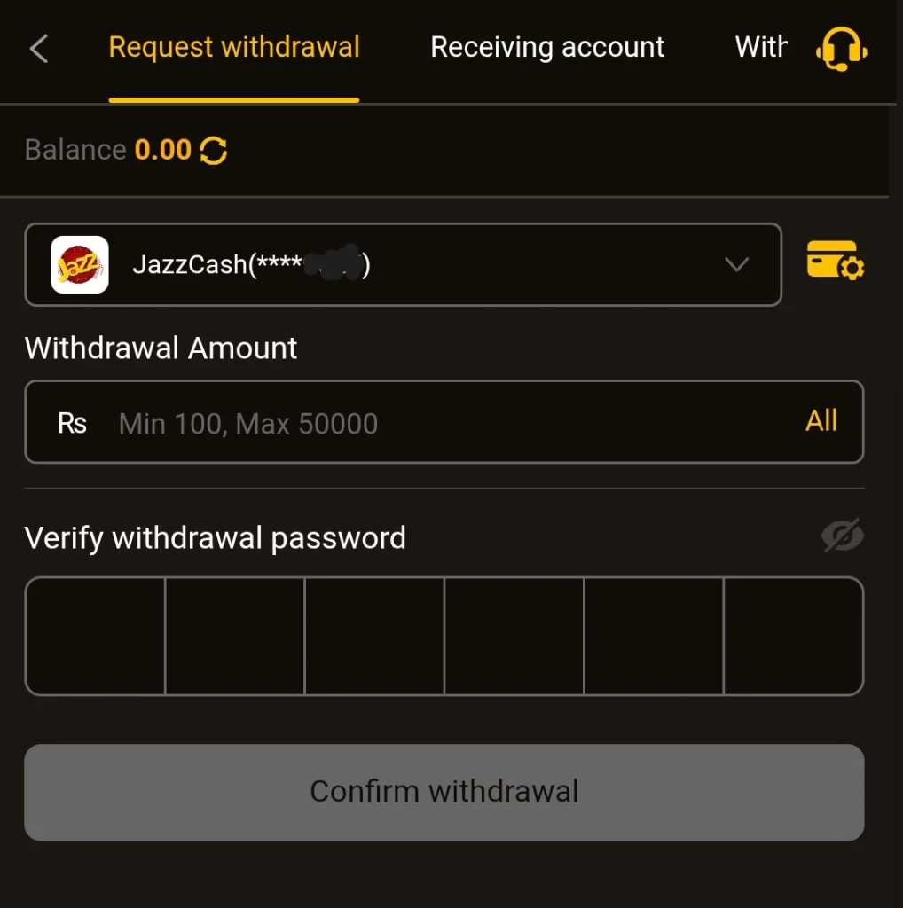 8555 BET withdrawal screen showing JazzCash account and withdrawal password entry