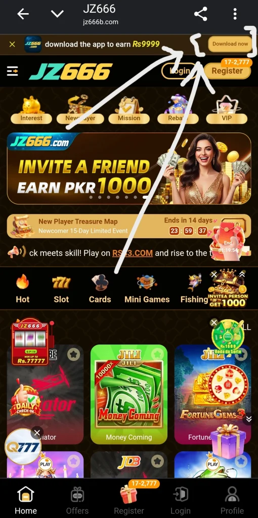 JZ666 Game download popup offering Rs 9999 bonus