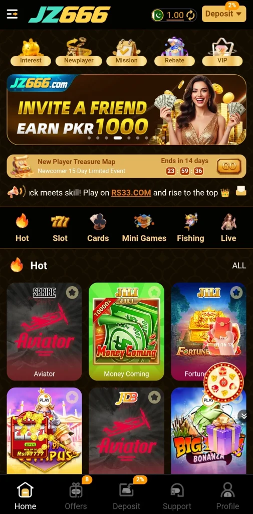 JZ666 Game APK lobby showing hot games, slots, and mini game categories