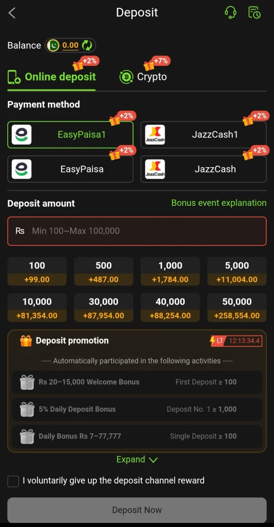 999XA Game deposit screen showing bonus amounts up to 258554 rupees