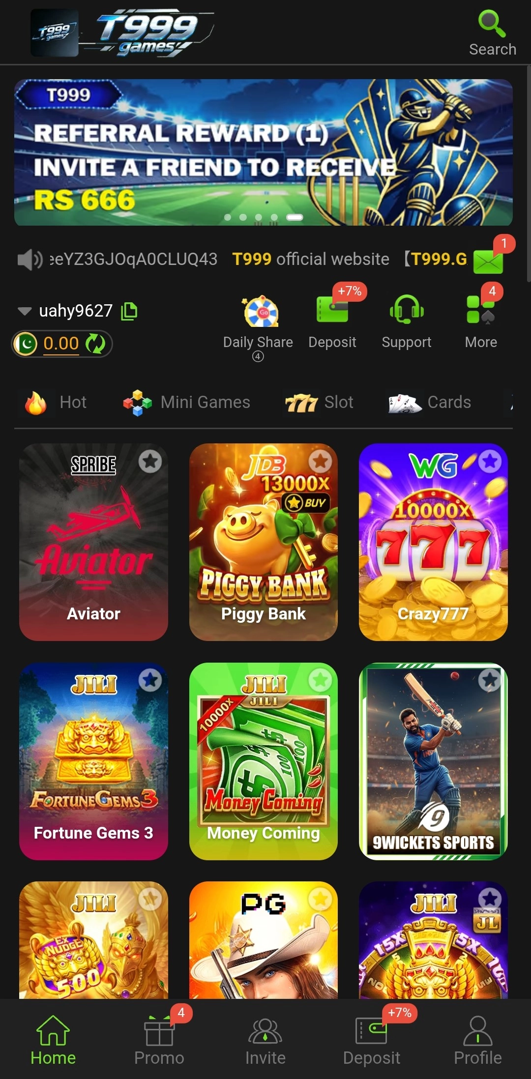 T999 Game homepage showing welcome bonus and game categories