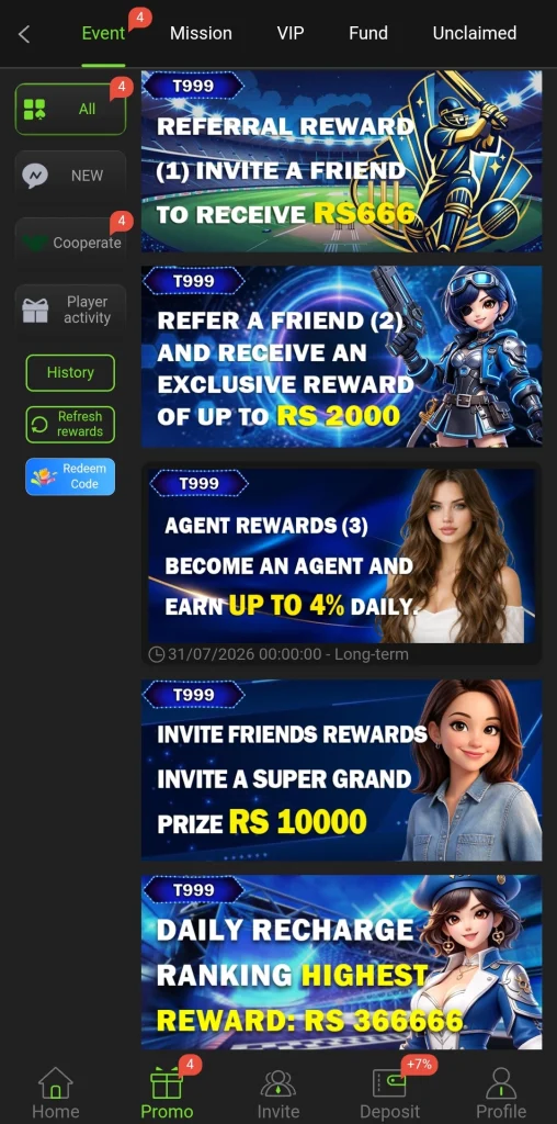 T999 Game promotions page showing referral and sharing bonus tiers