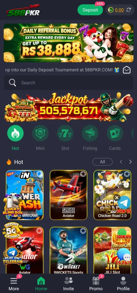 588 PKR Game Online homepage showing jackpot counter and deposit button