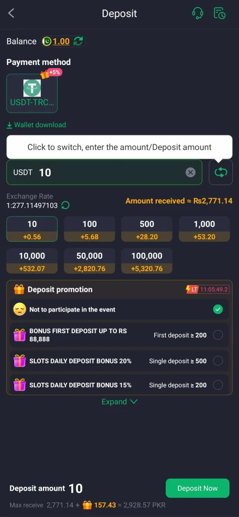 588 PKR Game APK deposit screen showing USDT as the only payment method