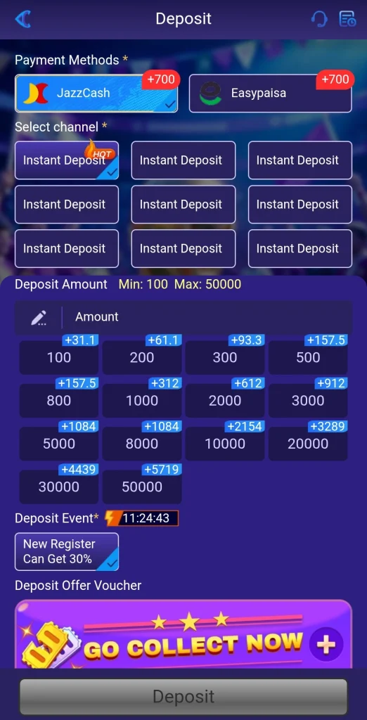 7987 APK deposit screen with JazzCash, Easypaisa and bonus amounts
