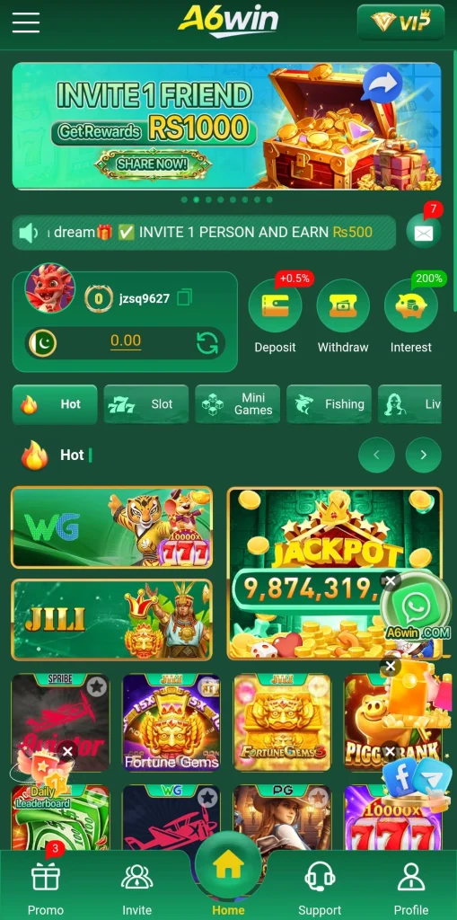 A6 WIN Game logo and VIP grand rewards banner on the homepage