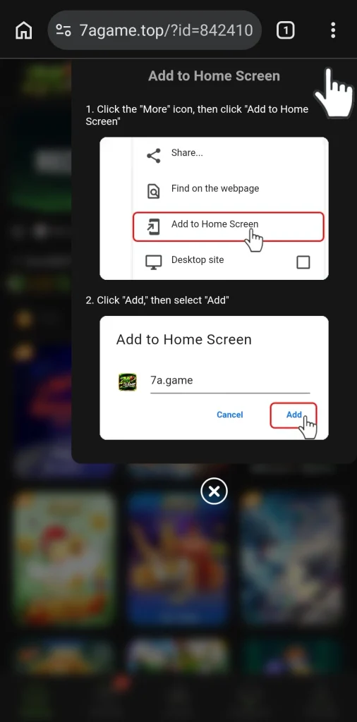 7A Game browser shortcut popup instead of an APK download