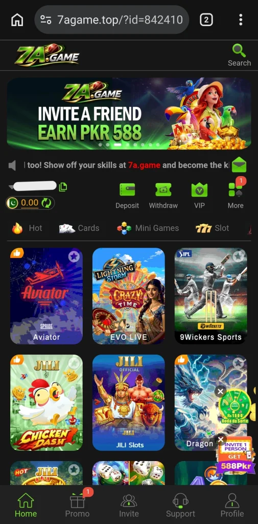 7A Game homepage showing Aviator, Evo Live and referral banner