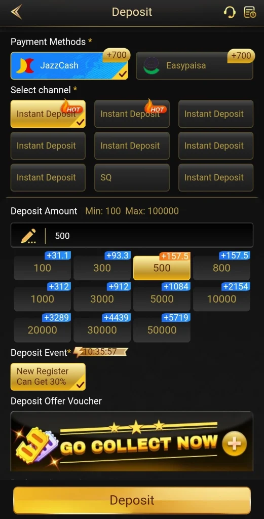 8557 Game deposit page with JazzCash, Easypaisa and Rs 100 minimum