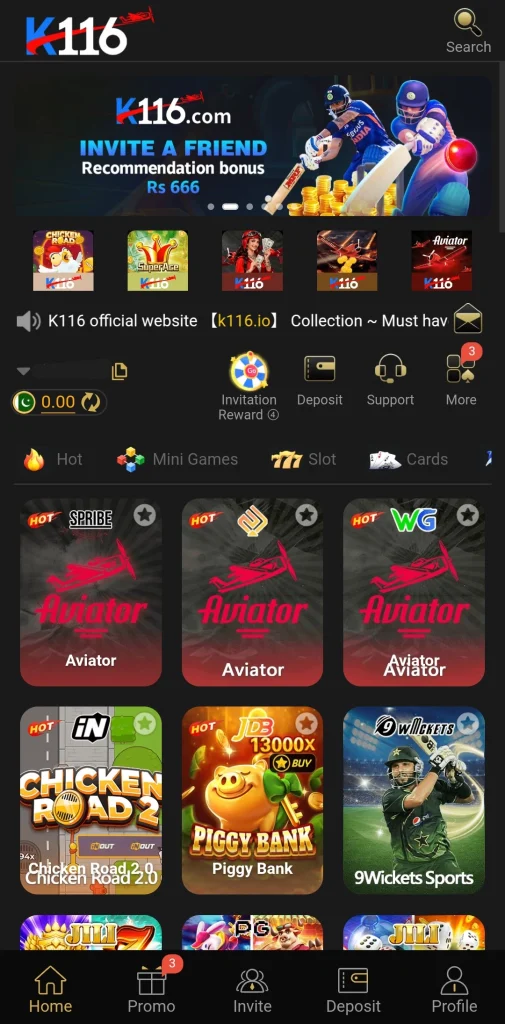 K116 .com footer with a Curaçao license claim, 18 plus icon and social links