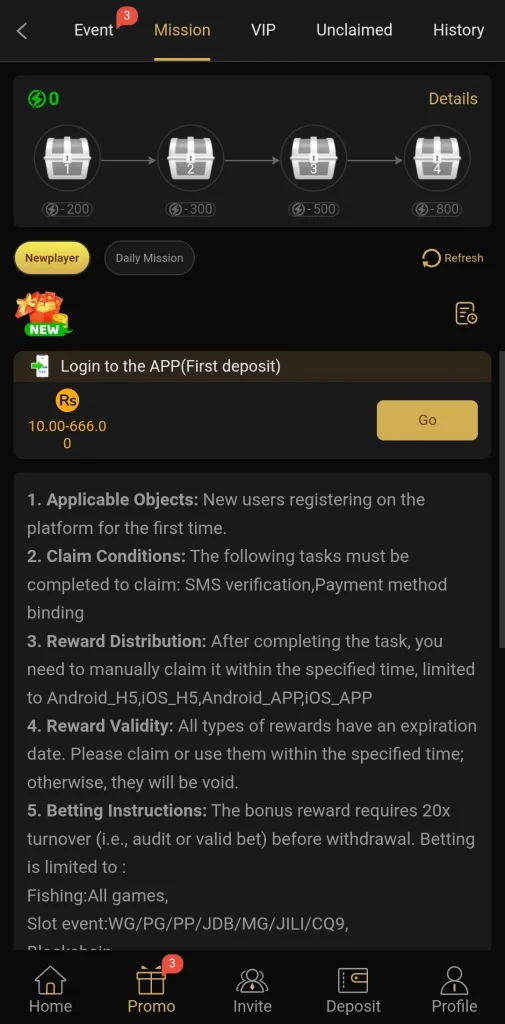 K116 Game mission rules showing a 20x turnover requirement before withdrawal