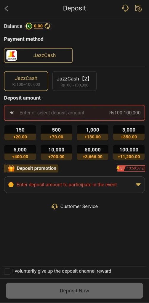 K116 .com deposit page with JazzCash, Rs 100 minimum and reward badges