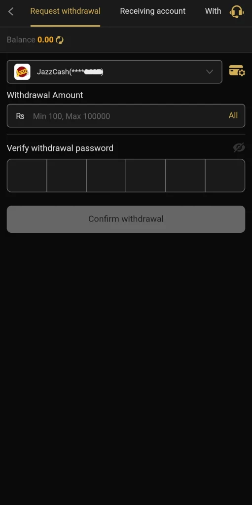 K116 APK withdrawal page with JazzCash account and six digit password boxes