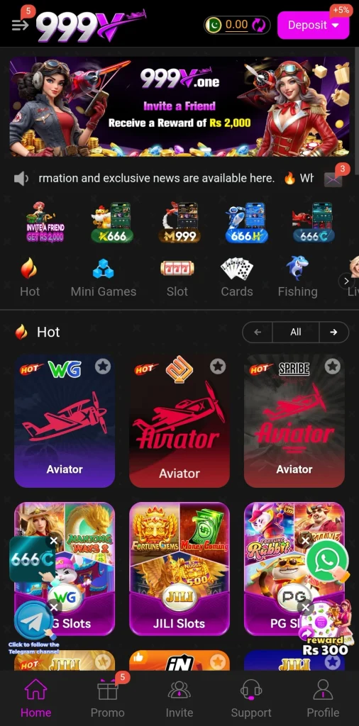 999V App home screen with Rs 2,000 invite banner, sister brand strip and three Aviator tiles