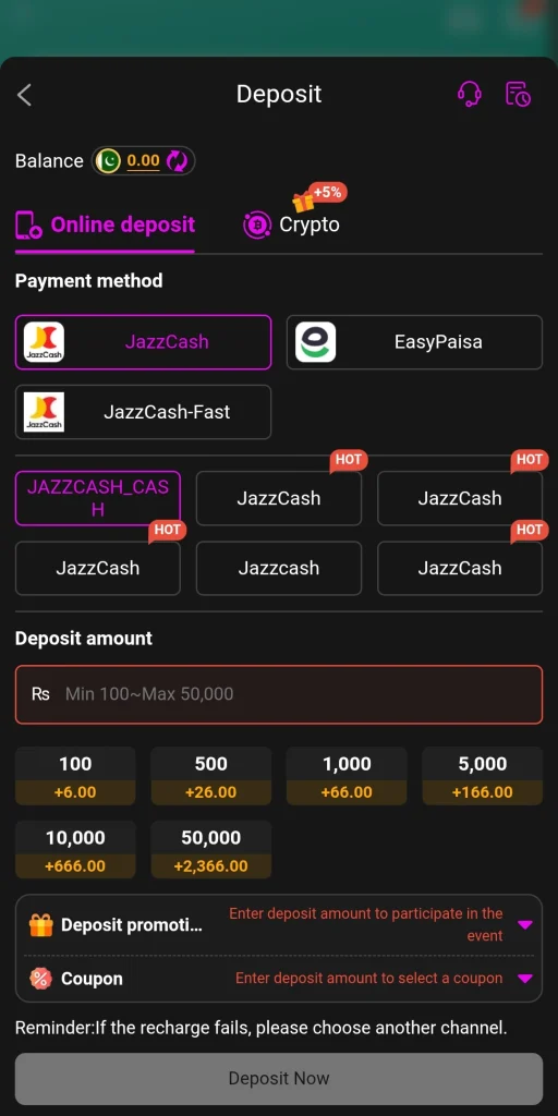 999V Game deposit page with JazzCash, EasyPaisa, six channels and a Rs 100 to Rs 50,000 range