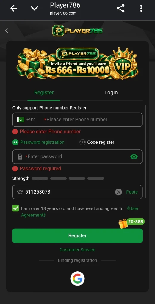 PLAYER786 Game registration screen with phone number and password fields