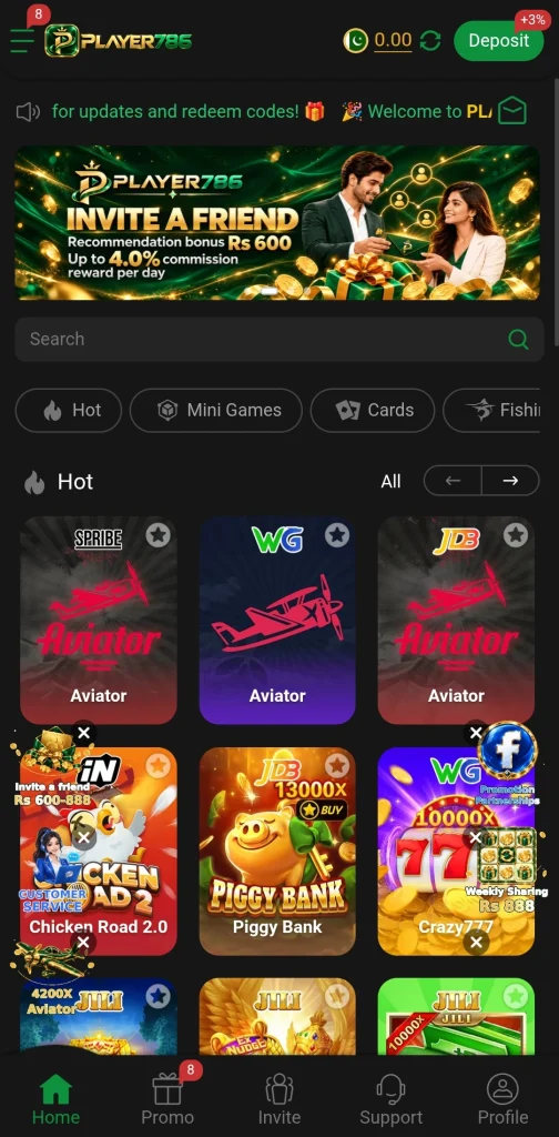 PLAYER786 Game home screen with Aviator, Chicken Road and Piggy Bank tiles