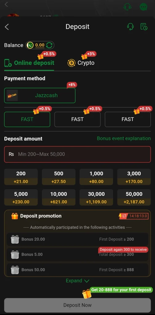 PLAYER786 Game deposit page with JazzCash and Rs 200 minimum