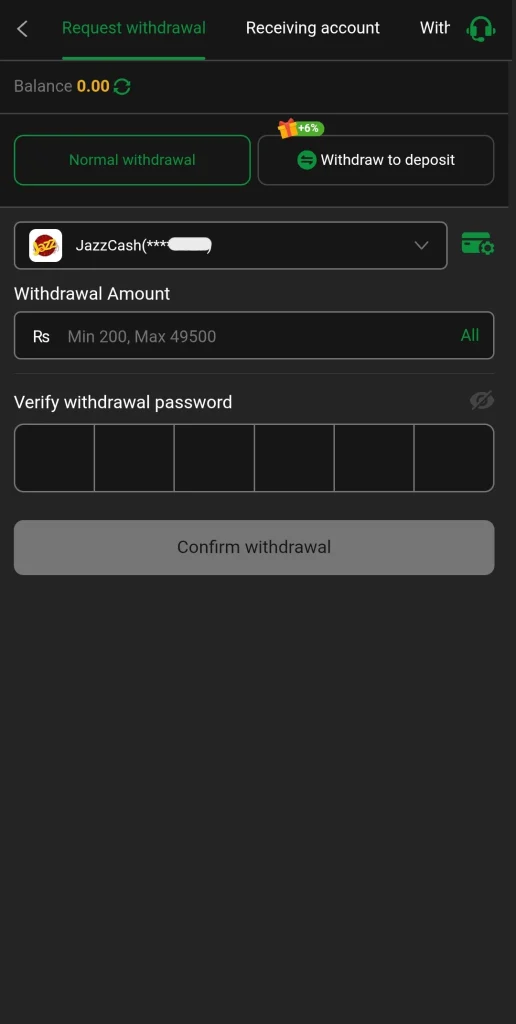 PLAYER786 Game withdrawal screen with JazzCash and Rs 49500 maximum
