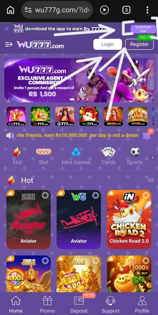 WU777 APK download banner offering Rs 7777 on the WU777 Game home page