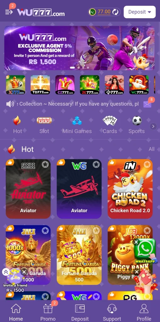 WU777 Game home page with Register button, Rs 7777 download banner and agent commission slide