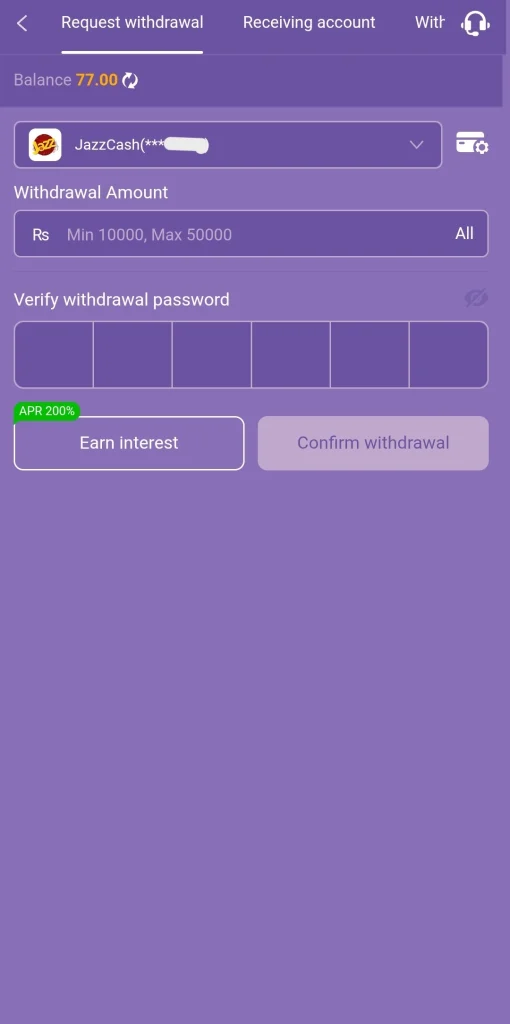 WU777 Game withdrawal page with JazzCash and Rs 10,000 minimum