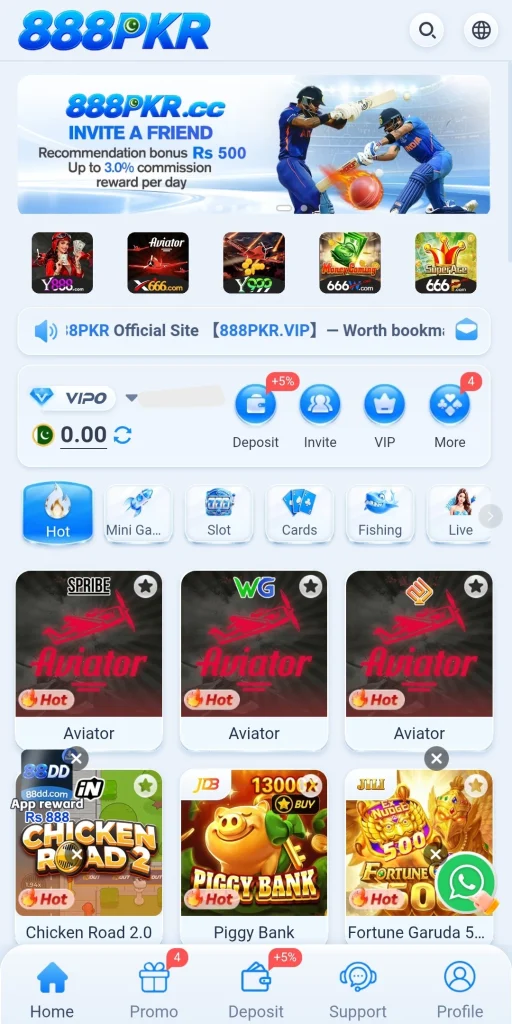 888PKR Game home page after login with balance row, Deposit and VIP shortcuts and Aviator tiles
