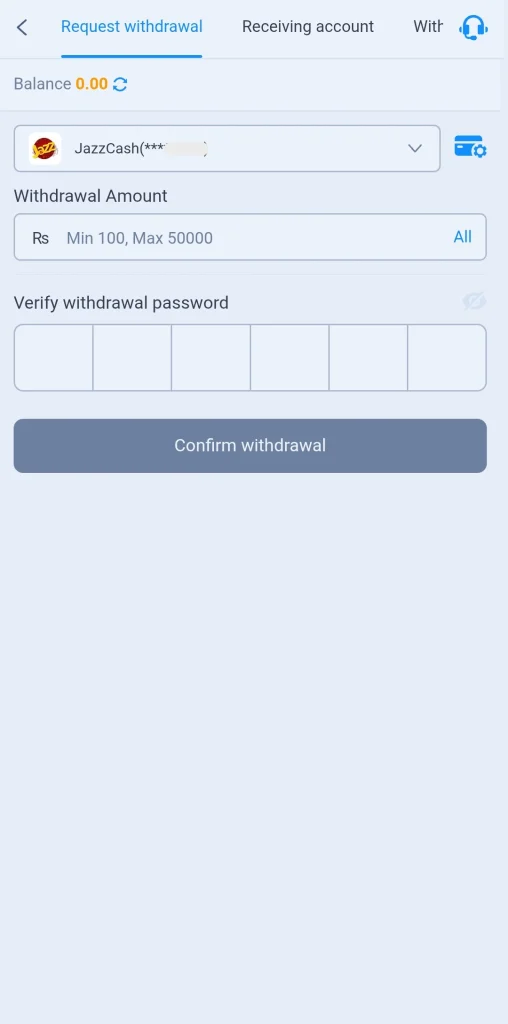 Withdrawal request screen with JazzCash account and a Rs 100 minimum