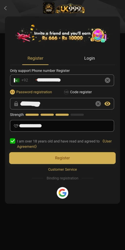 UK999 register online form with a plus 92 phone field, password strength bar and 18 plus tick box